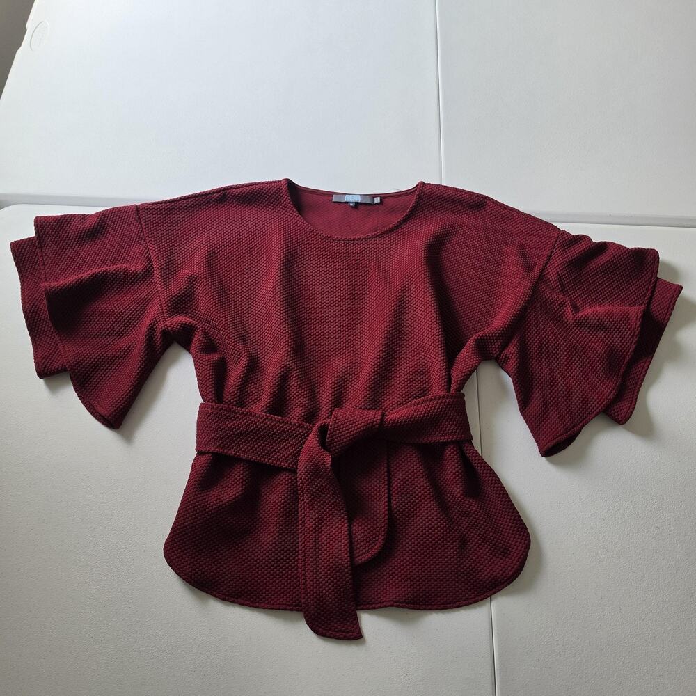 Eva Franco Tunic Blouse Womens Medium Red Textured Belted Bell Sleeve Top